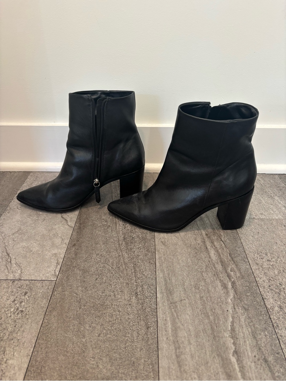 SCHUTZ Black Leather Pointed Ankle Boots with Block Heel